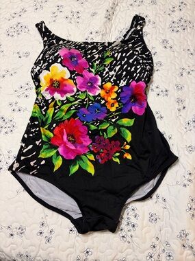 Longitude Black Floral One-Piece Swimsuit with Multicolor Flowers